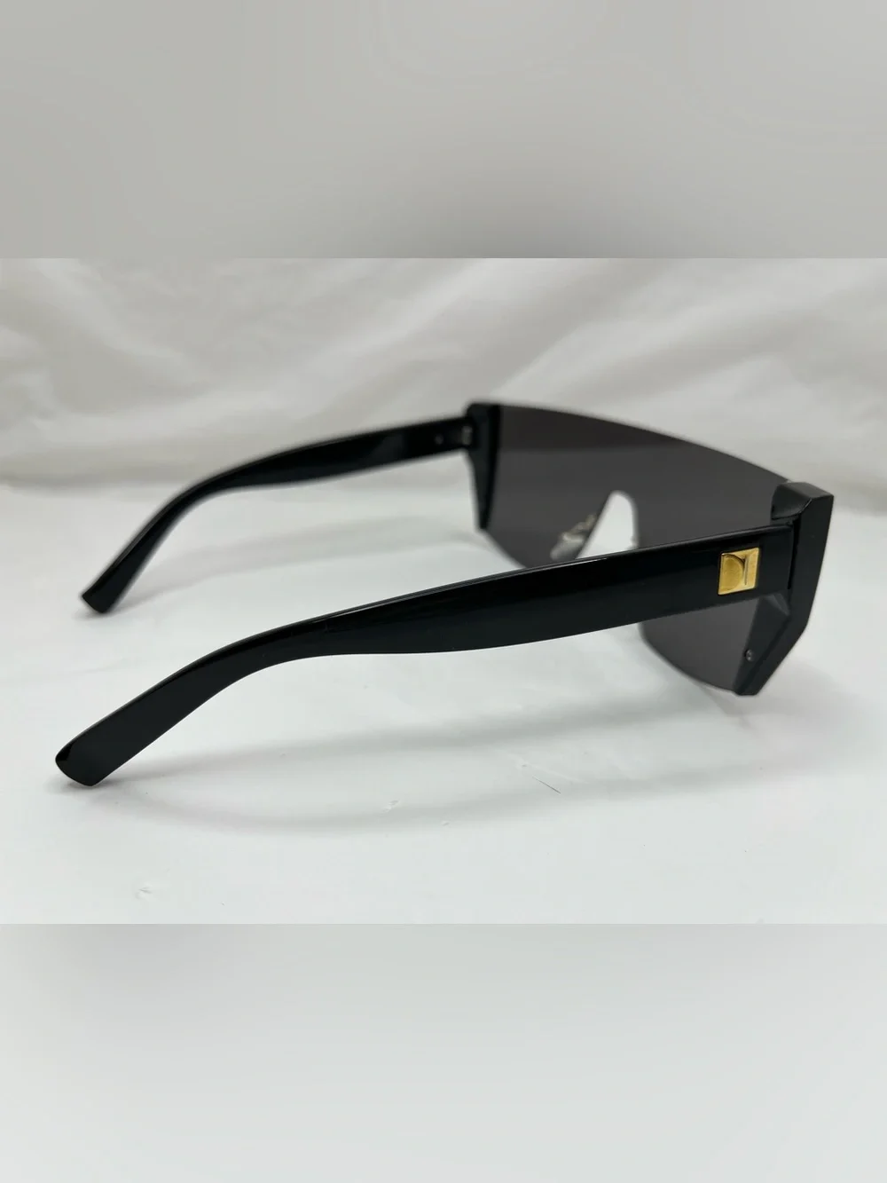 Silver Mirrored Monoblock Shield Sunglasses Black Frame with Gold Detail